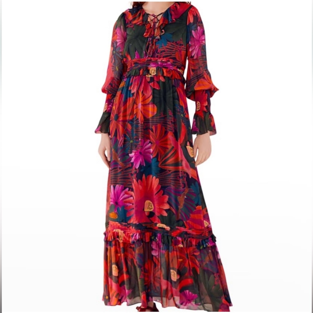 Farm Rio Bird Flowers Long Sleeve Tiered Maxi Dress
